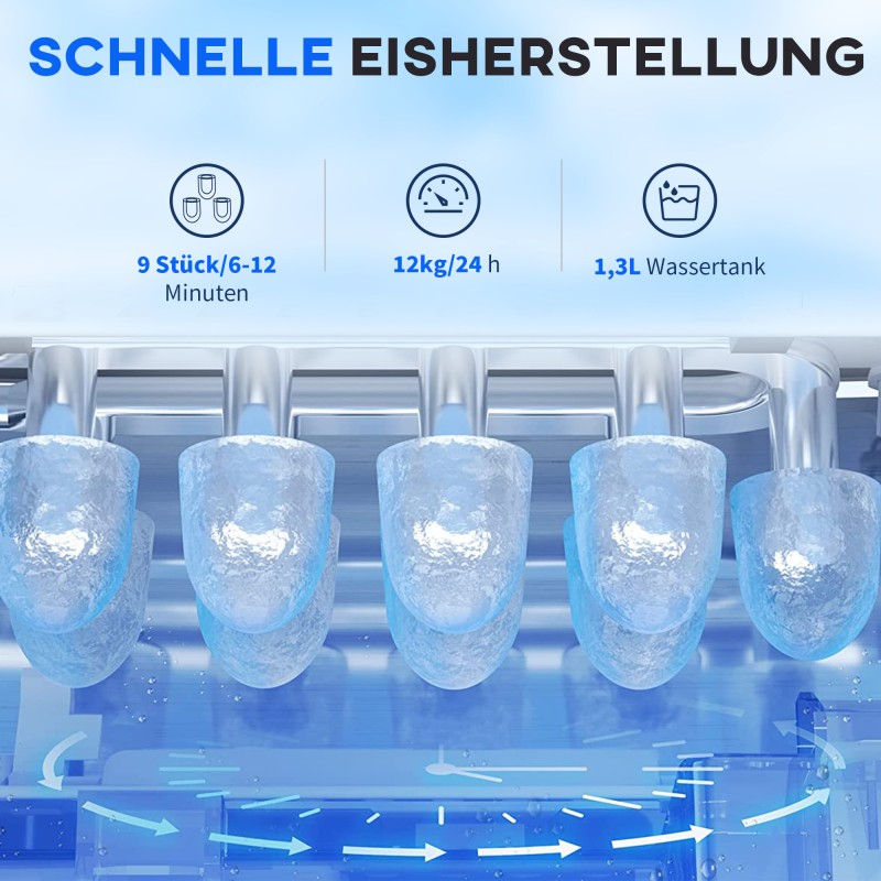 Jääpalakone 12 kg/vrk, 1,3 l vesisäiliö, automaattinen puhdistus, 29,4 x 22,2 x 29 cm, musta