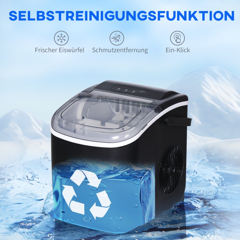 Jääpalakone 12 kg/vrk, 1,3 l vesisäiliö, automaattinen puhdistus, 29,4 x 22,2 x 29 cm, musta