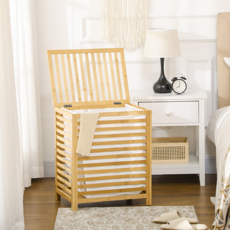 Bambusta valmistettu pyykkikori kannella, irrotettava sisäpussi, vesitiivis, 50 x 36 x 60 cm, luonnollinen/beige