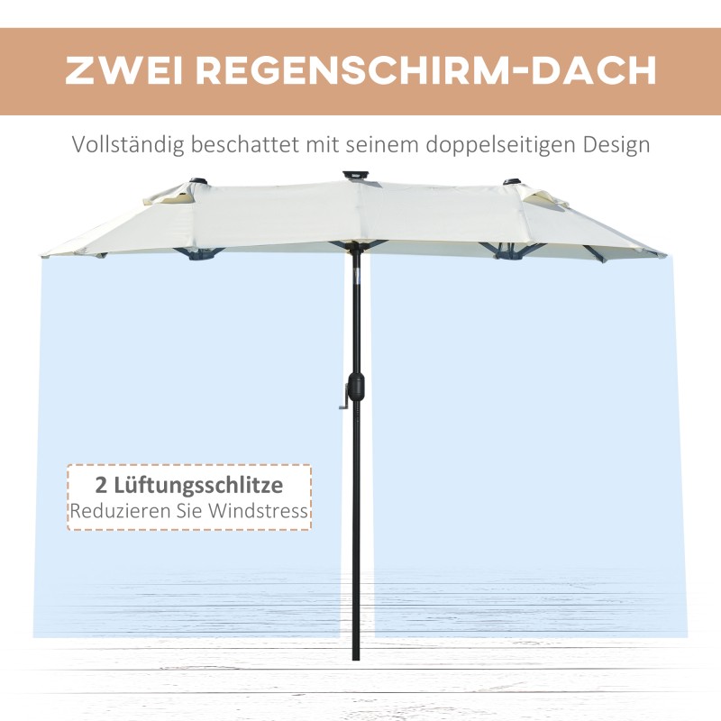 Kaksipuolinen terassivarjo aurinkokennolla ja LED-valoilla, teräsrunko, 292 x 150 x 218 cm, beige