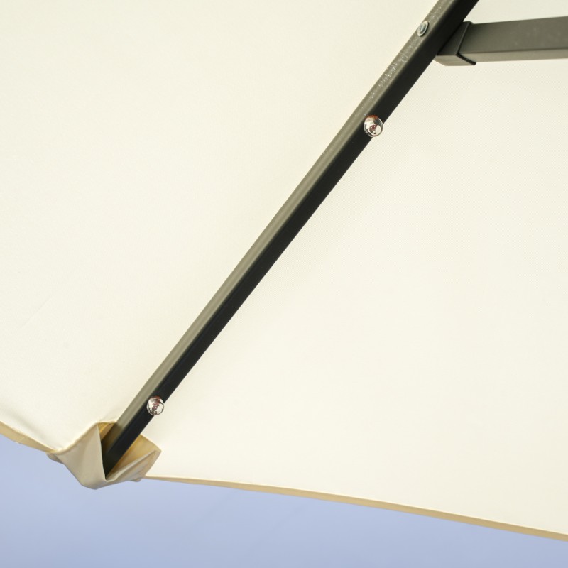 Kaksipuolinen terassivarjo aurinkokennolla ja LED-valoilla, teräsrunko, 292 x 150 x 218 cm, beige