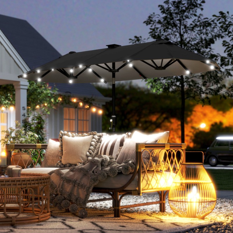 Kaksipuolinen terassin aurinkovarjo LED-valoilla ja aurinkopaneelilla 292 x 150 cm tummanharmaa