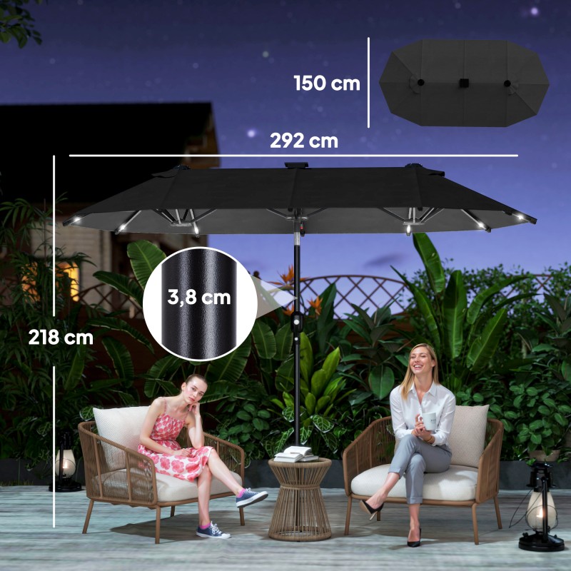 Kaksipuolinen terassin aurinkovarjo LED-valoilla ja aurinkopaneelilla 292 x 150 cm tummanharmaa