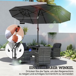 Kaksipuolinen terassin aurinkovarjo LED-valoilla ja aurinkopaneelilla 292 x 150 cm tummanharmaa