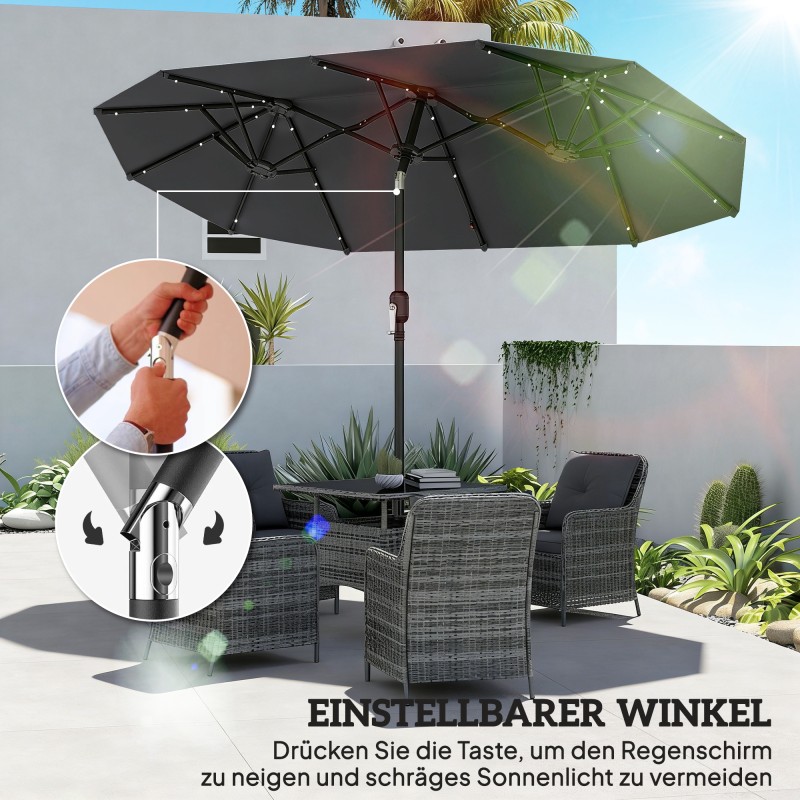 Kaksipuolinen terassin aurinkovarjo LED-valoilla ja aurinkopaneelilla 292 x 150 cm tummanharmaa