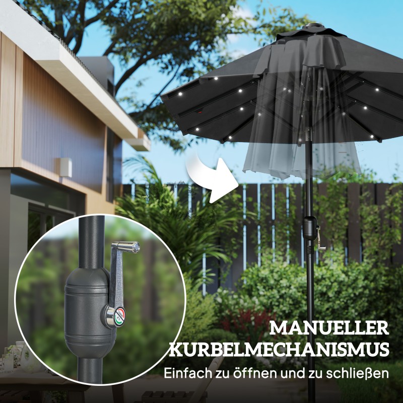 Kaksipuolinen terassin aurinkovarjo LED-valoilla ja aurinkopaneelilla 292 x 150 cm tummanharmaa