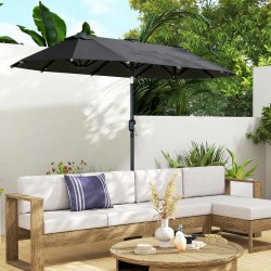 Kaksipuolinen terassin aurinkovarjo LED-valoilla ja aurinkopaneelilla 292 x 150 cm tummanharmaa