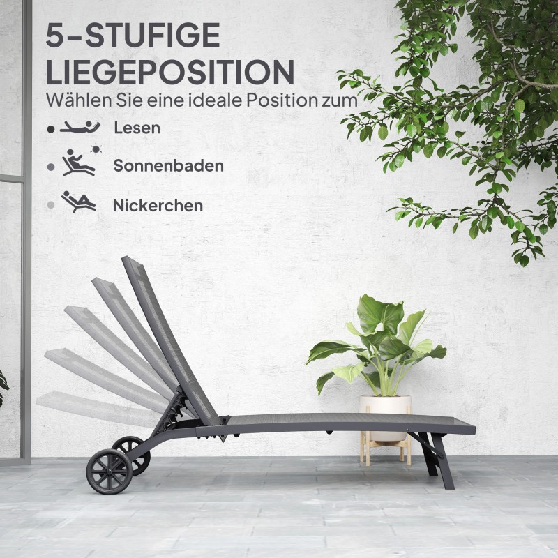 Aurinkotuoli ulkokäyttöön, alumiinirunko ja hengittävä verkkokangas, 195 x 66 x 34 cm, tummanharmaa