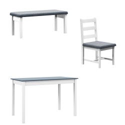 Ruokailuryhmä pieniin tiloihin 4 osainen setti pöytä penkki ja 2 tuolia mäntypuu harmaa valkoinen