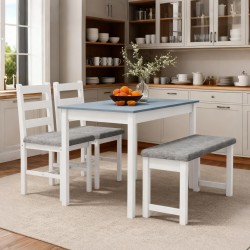 Ruokailuryhmä pieniin tiloihin, 4-osainen setti: pöytä, penkki ja 2 tuolia, mäntypuu, harmaa/valkoinen