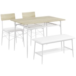 Ruokailuryhmä 4 hengelle pöytä 2 tuolia ja penkki teräsrunko MDF tammi valkoinen 4 osainen