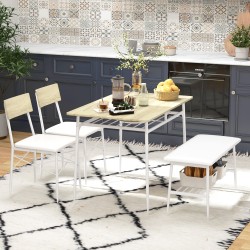 Ruokailuryhmä 4 hengelle pöytä, 2 tuolia ja penkki teräsrunko MDF tammi/valkoinen 4-osainen