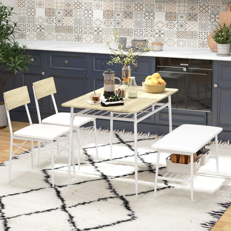 Ruokailuryhmä 4 hengelle pöytä, 2 tuolia ja penkki teräsrunko MDF tammi/valkoinen 4-osainen
