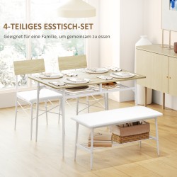 Ruokailuryhmä 4 hengelle pöytä, 2 tuolia ja penkki teräsrunko MDF tammi/valkoinen 4-osainen