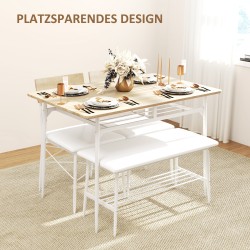 Ruokailuryhmä 4 hengelle pöytä, 2 tuolia ja penkki teräsrunko MDF tammi/valkoinen 4-osainen