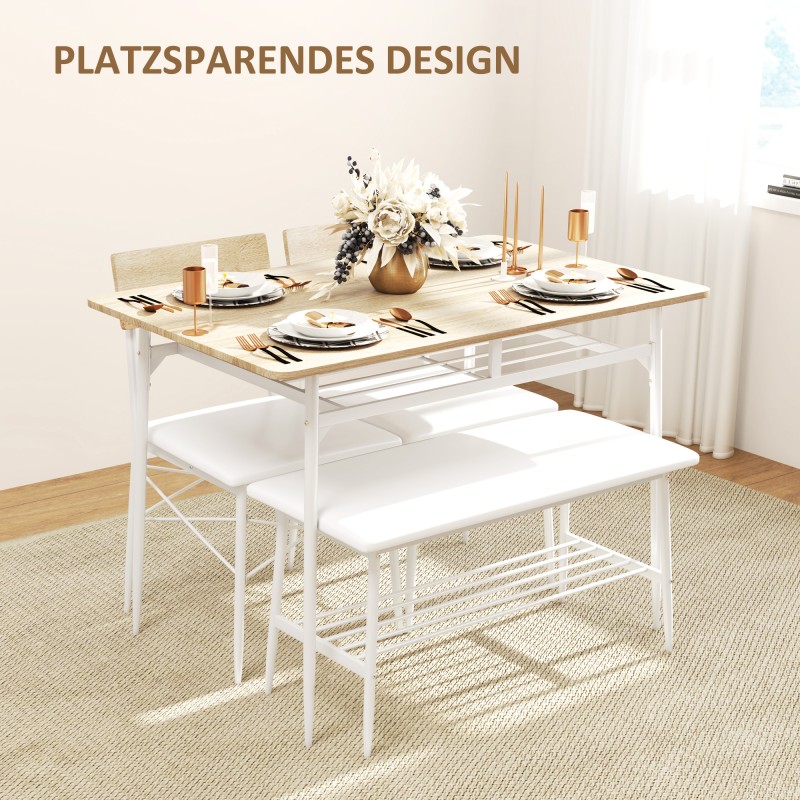 Ruokailuryhmä 4 hengelle pöytä, 2 tuolia ja penkki teräsrunko MDF tammi/valkoinen 4-osainen