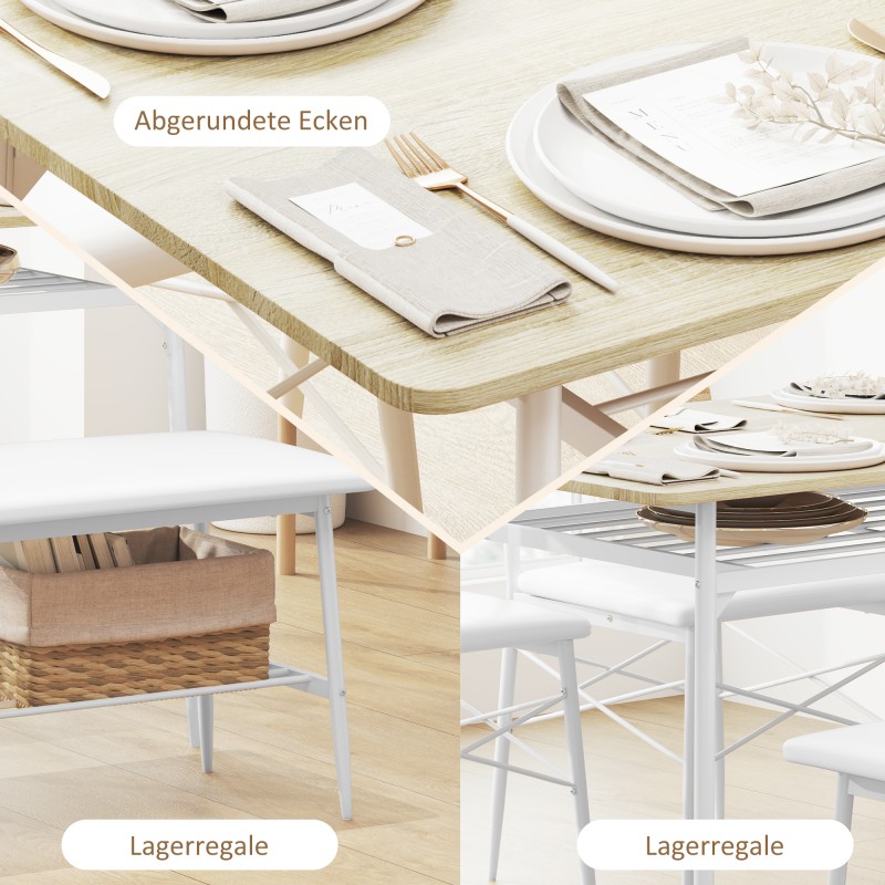 Ruokailuryhmä 4 hengelle pöytä, 2 tuolia ja penkki teräsrunko MDF tammi/valkoinen 4-osainen