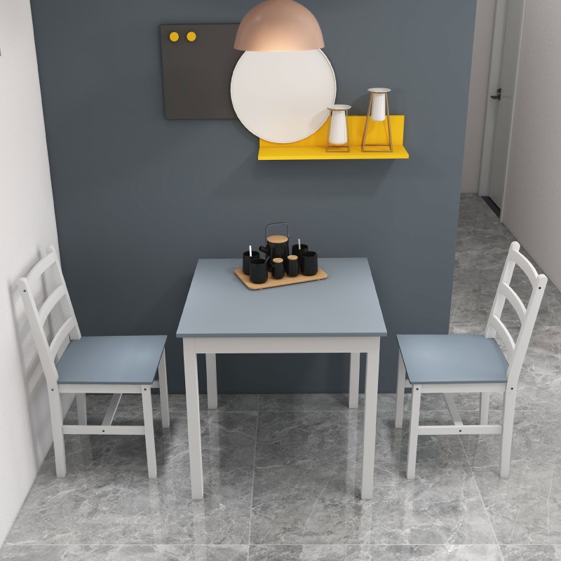 Ruokailuryhmä 2 hengelle, mäntypuuta, pöytä 75x75 cm + 2 tuolia, valkoinen/harmaa