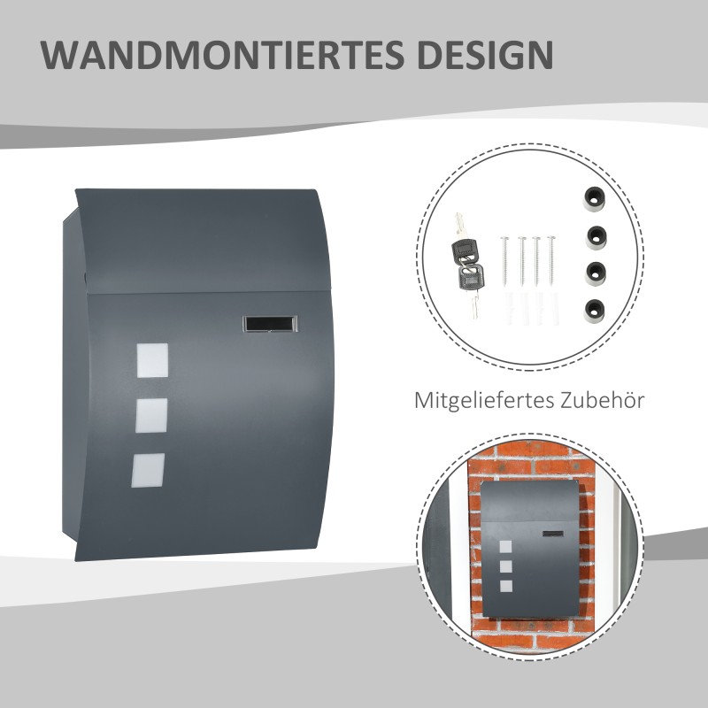 Lukollinen postilaatikko ulkokäyttöön, sinkitty teräs, postiluukku 30 cm, antrasiitinharmaa