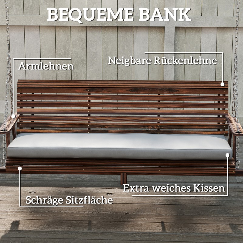 Pihakeinu 3-hengen täyspuinen kuusipuu, sivutasot, istuintyyny, kantavuus 330 kg, hiiltynyt puunsävy