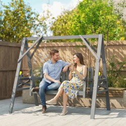 Puutarhakeinu kahdelle, kuusipuu, sivutasot ja mukitelineet, metalliketjut, harmaa