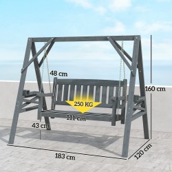 Puutarhakeinu kahdelle, kuusipuu, sivutasot ja mukitelineet, metalliketjut, harmaa