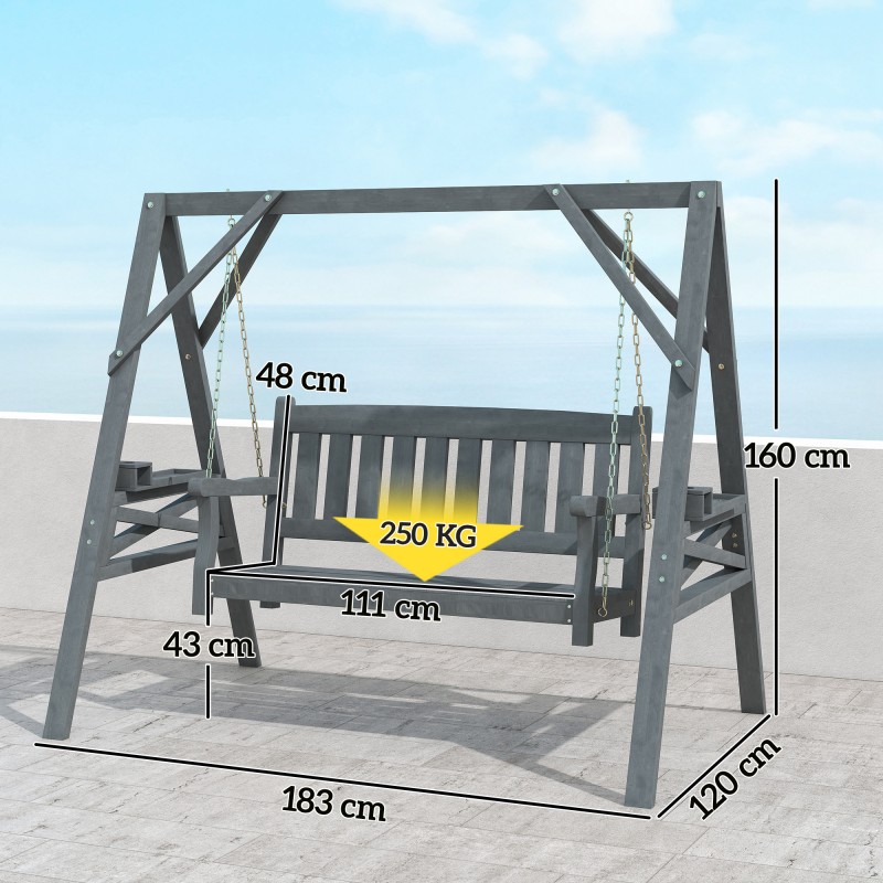 Puutarhakeinu kahdelle, kuusipuu, sivutasot ja mukitelineet, metalliketjut, harmaa