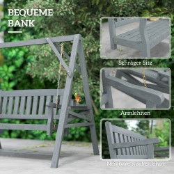 Puutarhakeinu kahdelle, kuusipuu, sivutasot ja mukitelineet, metalliketjut, harmaa