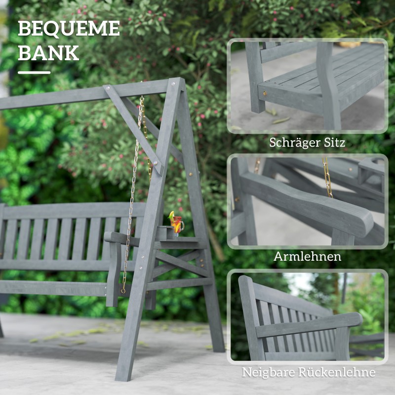 Puutarhakeinu kahdelle, kuusipuu, sivutasot ja mukitelineet, metalliketjut, harmaa