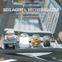 Puutarhakeinu kahdelle, kuusipuu, sivutasot ja mukitelineet, metalliketjut, harmaa