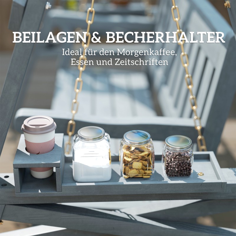 Puutarhakeinu kahdelle, kuusipuu, sivutasot ja mukitelineet, metalliketjut, harmaa