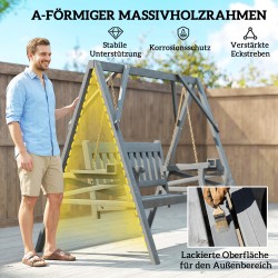 Puutarhakeinu kahdelle, kuusipuu, sivutasot ja mukitelineet, metalliketjut, harmaa