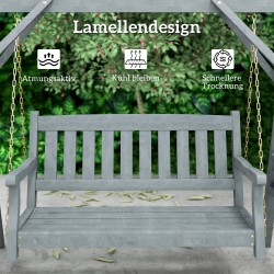 Puutarhakeinu kahdelle, kuusipuu, sivutasot ja mukitelineet, metalliketjut, harmaa