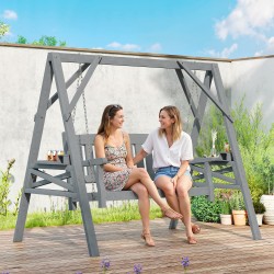 Puutarhakeinu kahdelle, kuusipuu, sivutasot ja mukitelineet, metalliketjut, harmaa