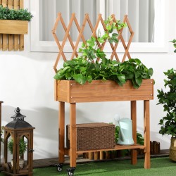 Viljelylaatikko säleiköllä ja hyllyllä, kuusipuu, pyörillä, 79 x 29 x 130 cm, ruskea