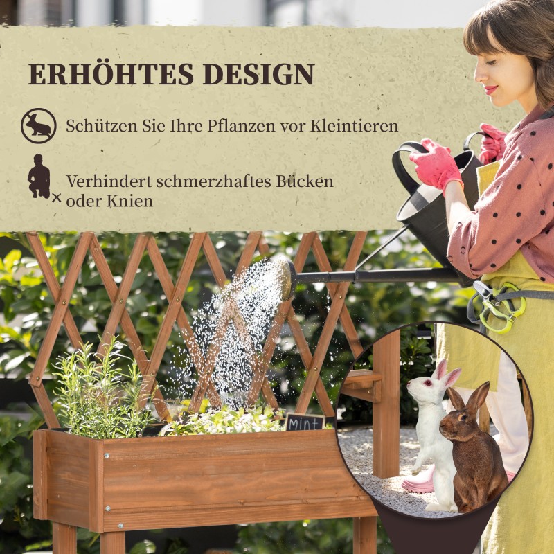 Viljelylaatikko säleiköllä ja hyllyllä, kuusipuu, pyörillä, 79 x 29 x 130 cm, ruskea