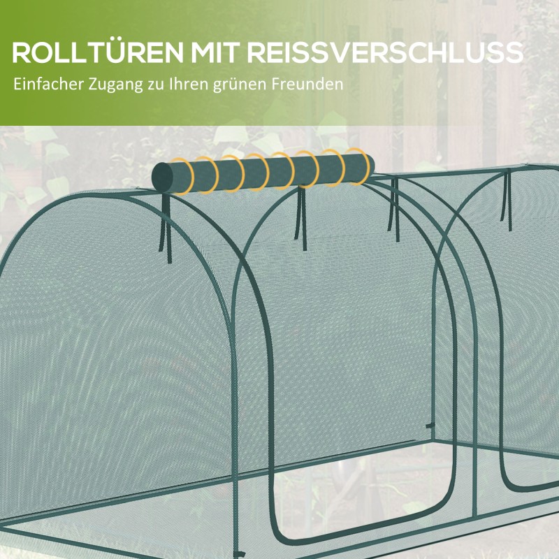 Kasvisuoja teräsrungolla ja verkolla 249 x 120 x 120 cm tummanvihreä, 2 ovella ja kantokassilla