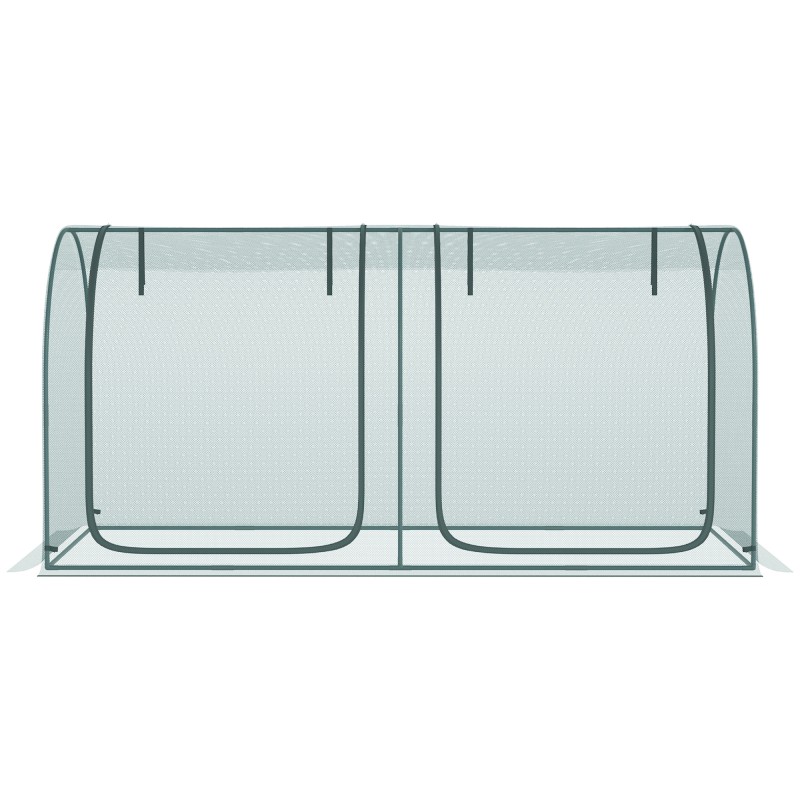 Kasvisuoja teräsrungolla ja verkolla 249 x 120 x 120 cm tummanvihreä, 2 ovella ja kantokassilla