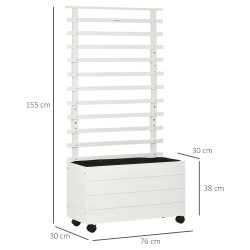 Istutuslaatikko säleiköllä ja pyörillä, massiivipuuta, 76 x 30 x 155 cm, valkoinen, säänkestävä