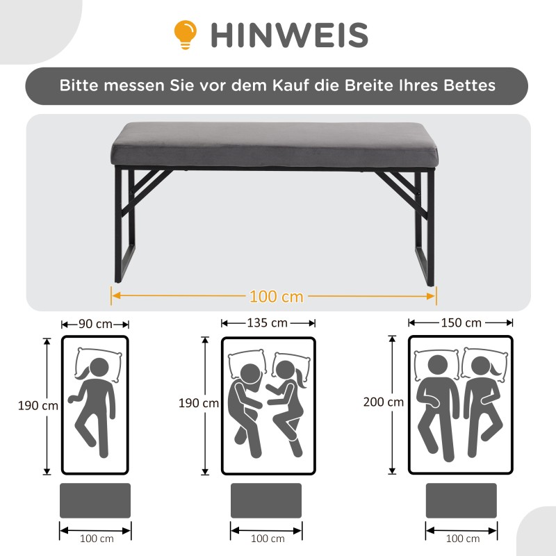 Eteispenkki pehmusteella, samettinen kenkäpenkki teräsrungolla 100x35x47 cm, tummanharmaa/musta