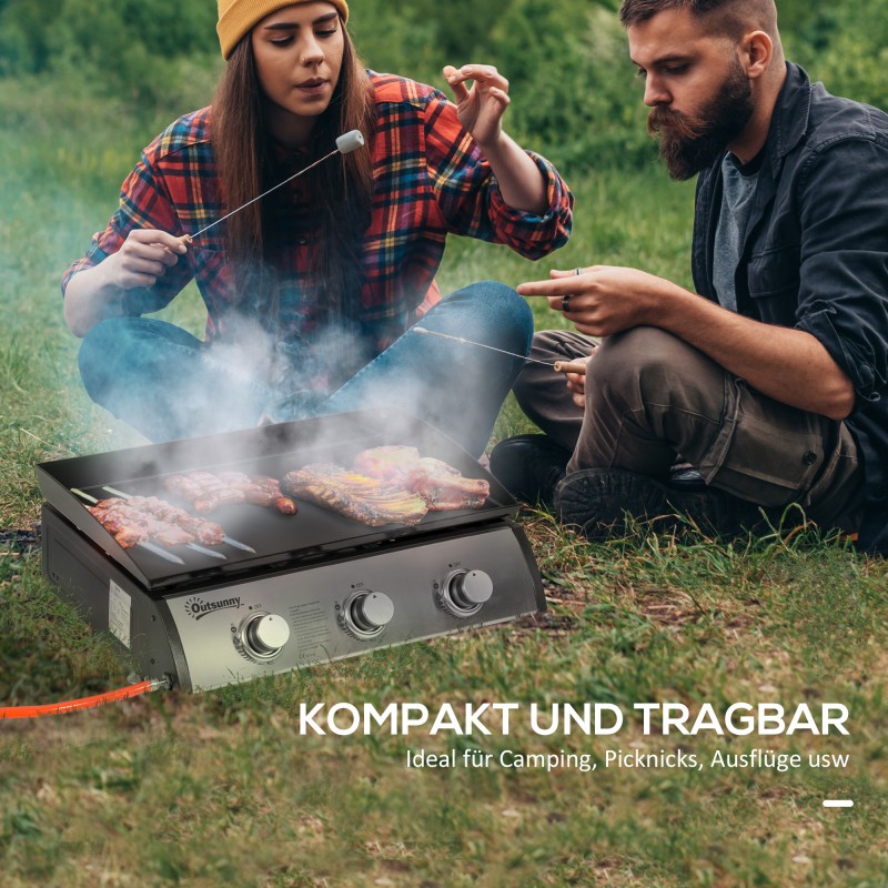 Kaasugrilli 3 polttimella, emaloitu tarttumaton paistolevy, ruostumaton teräs, 63 x 48 x 21 cm, musta/hopea