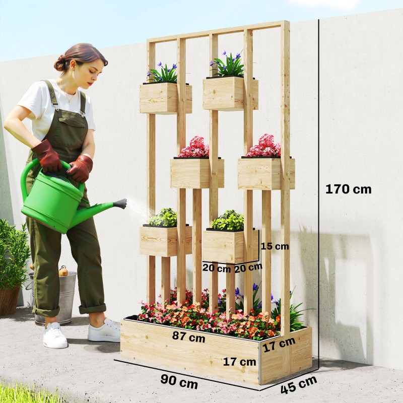 Korkea viljelylaatikko säleiköllä, puinen istutuskaukalo, 90 x 45 x 170 cm, natur puu