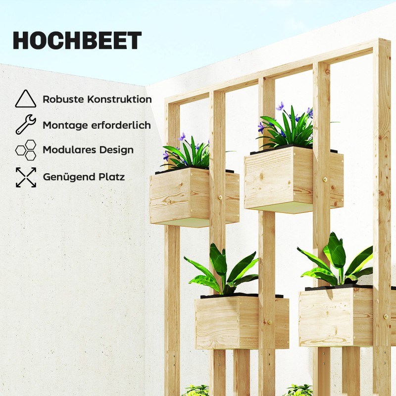 Korkea viljelylaatikko säleiköllä, puinen istutuskaukalo, 90 x 45 x 170 cm, natur puu