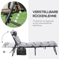 Taitettava aurinkovuode teräsrungolla, 5-asentoinen selkänoja, 58 x 189 x 32,5 cm, musta/vaaleanharmaa, 120 kg