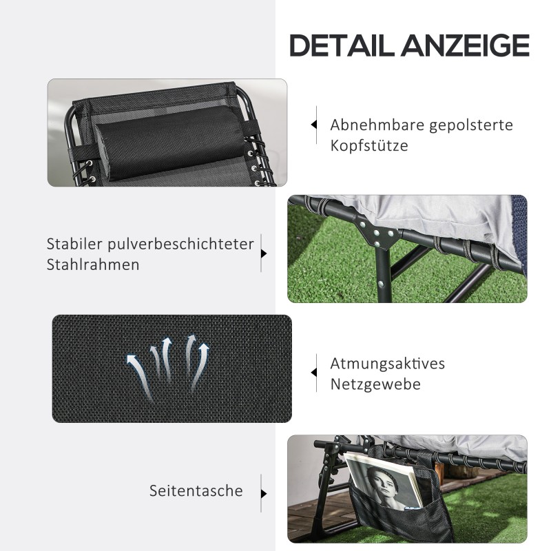 Taitettava aurinkovuode teräsrungolla, 5-asentoinen selkänoja, 58 x 189 x 32,5 cm, musta/vaaleanharmaa, 120 kg