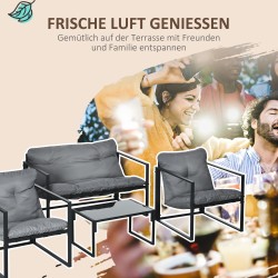 Puutarhan oleskeluryhmä 4 osaa, teräs ja lasi, 2 nojatuolia, 2‑istuttava sohva, pöytä, harmaa/musta