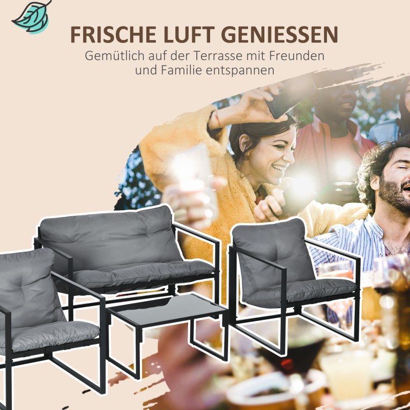 Puutarhan oleskeluryhmä 4 osaa, teräs ja lasi, 2 nojatuolia, 2‑istuttava sohva, pöytä, harmaa/musta