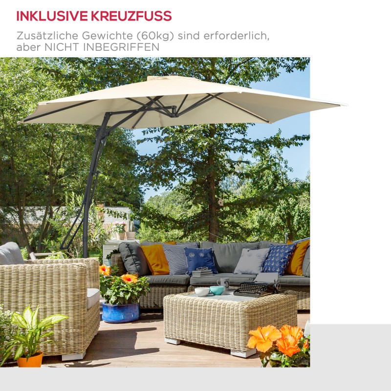 Sivusta ripustettava puutarha- ja terassi­varjo Ø293 cm, metallirunko, kermanvalkoinen, ristijalusta