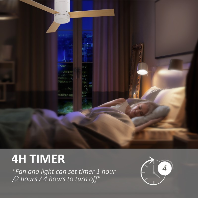 Kattotuulettimella varustettu LED‑kattovalaisin, 112 cm, kaukosäädin ja ajastin, valkoinen/luonnonpuu