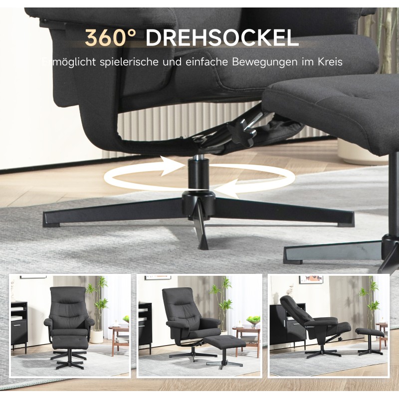 Nojatuoli ja rahi, samettimainen, kallistuva ja pyörivä, keinutoiminto, kantavuus 150 kg, musta